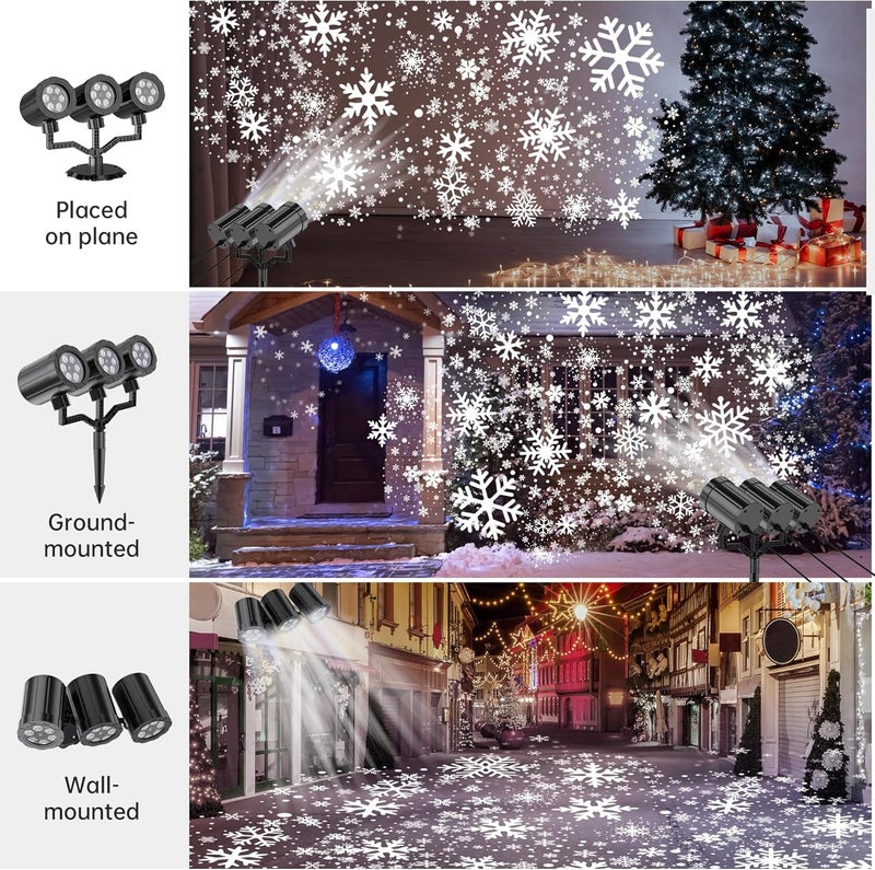 GUSODOR Christmas Projector Lights Outdoor, Upgraded Snowflake Projector IP65 Waterproof LED Snow Projection Lights for Indoor Outdoor Christmas Decoration, Holiday, Yard Decor-Three-Head A - Image 2